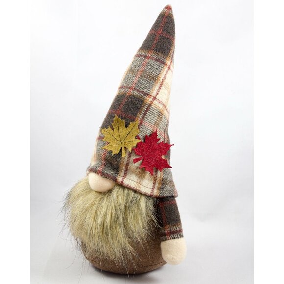 Plush Autumn Leaves Fall Gnome Brown Plaid Hat 13.5in Tall - Picture 1 of 4